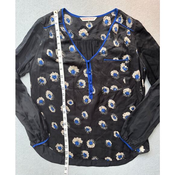 Rebecca Taylor blouse Women's 2 Black Cobalt Starflower Floral Silk Boho Peasant - Picture 5 of 8